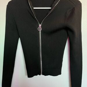 Black Ribbed Zip-Up Sweater